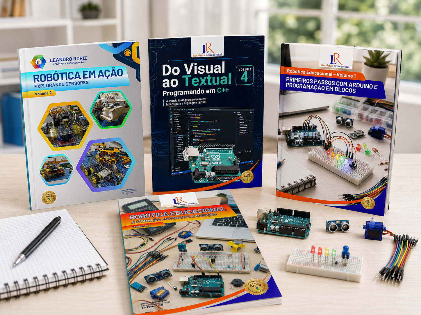 Material didático estruturado de robótica educacional da LR com Arduino, protoboard, sensores e componentes eletrônicos