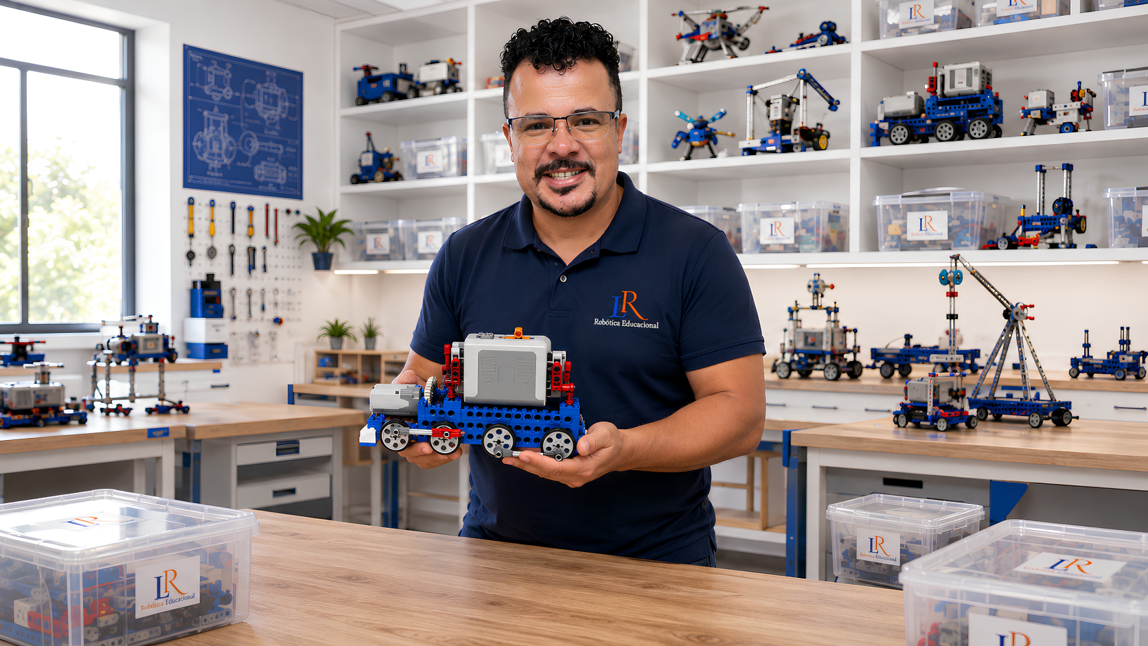 Professor Leandro Roriz em laboratório da LR, apresentando um protótipo mecânico com kits organizados ao fundo