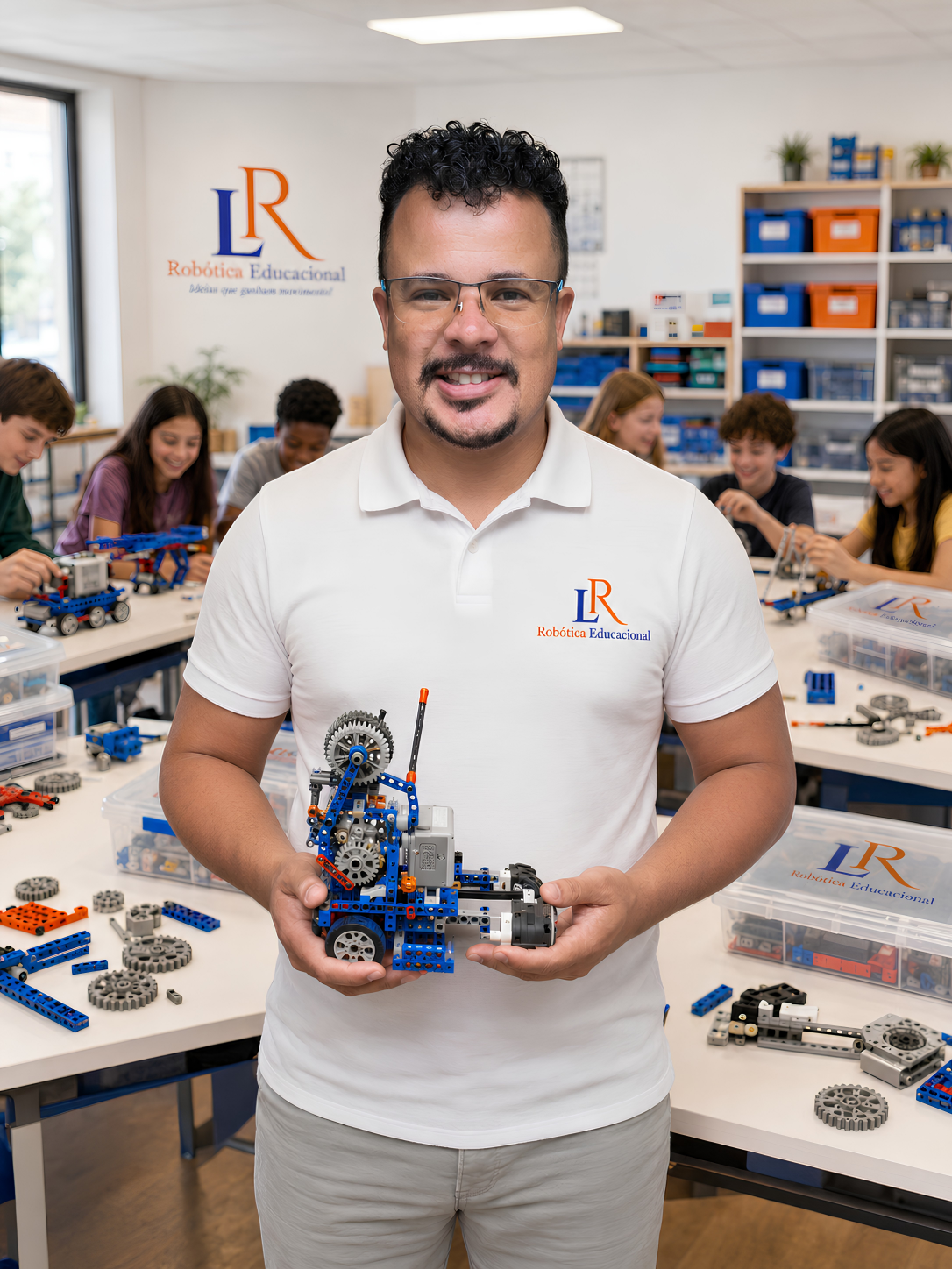Professor Leandro Roriz em sala de aula, segurando um protótipo mecânico da LR Robótica Educacional