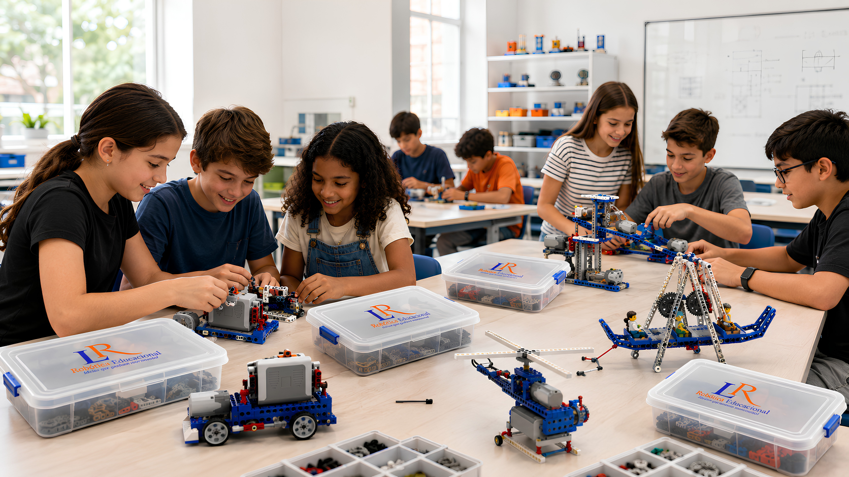 Alunos da LR em aula prática construindo protótipos mecânicos com peças Technic