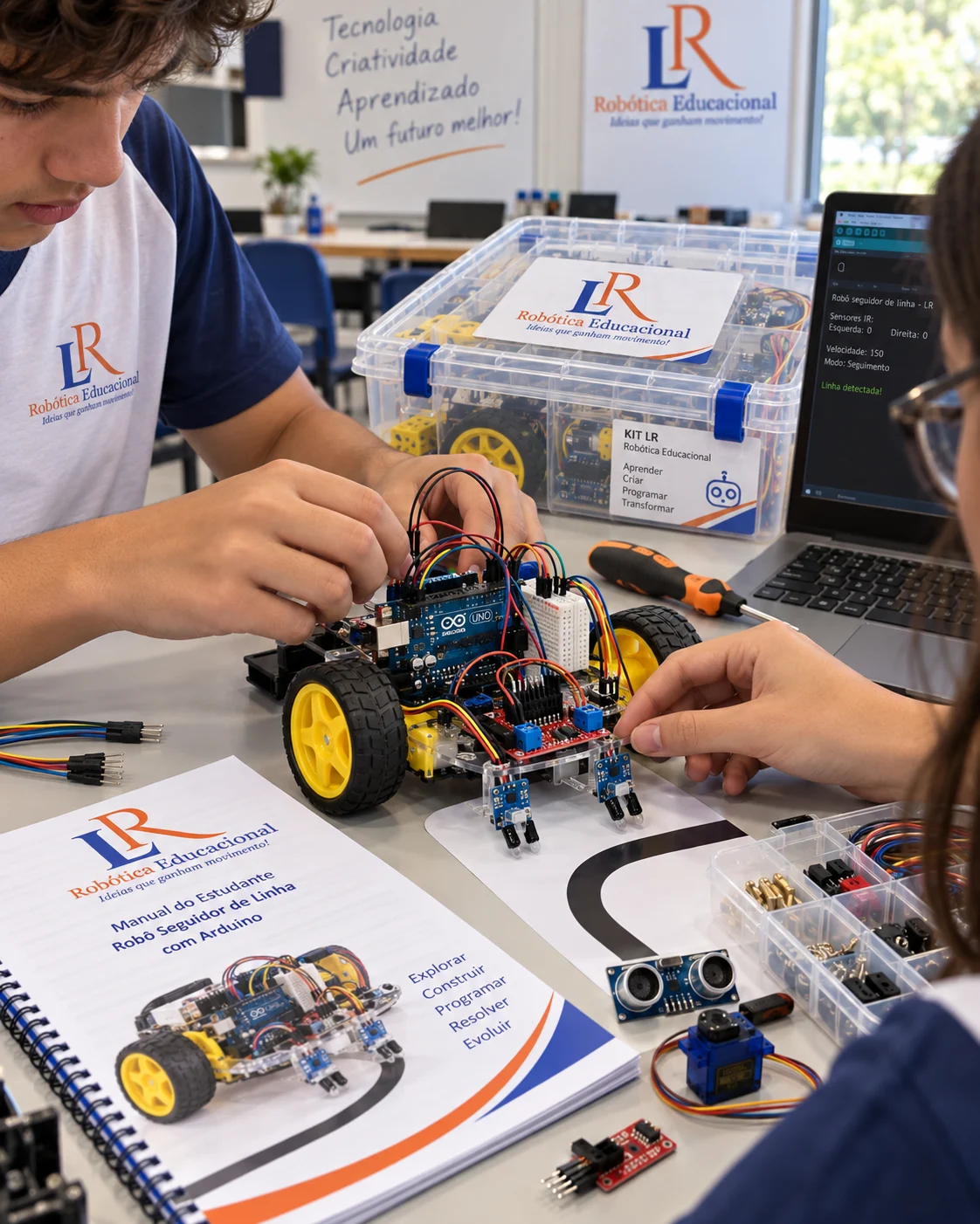 Estudantes desenvolvendo robô seguidor de linha com Arduino, sensores e material didático da LR