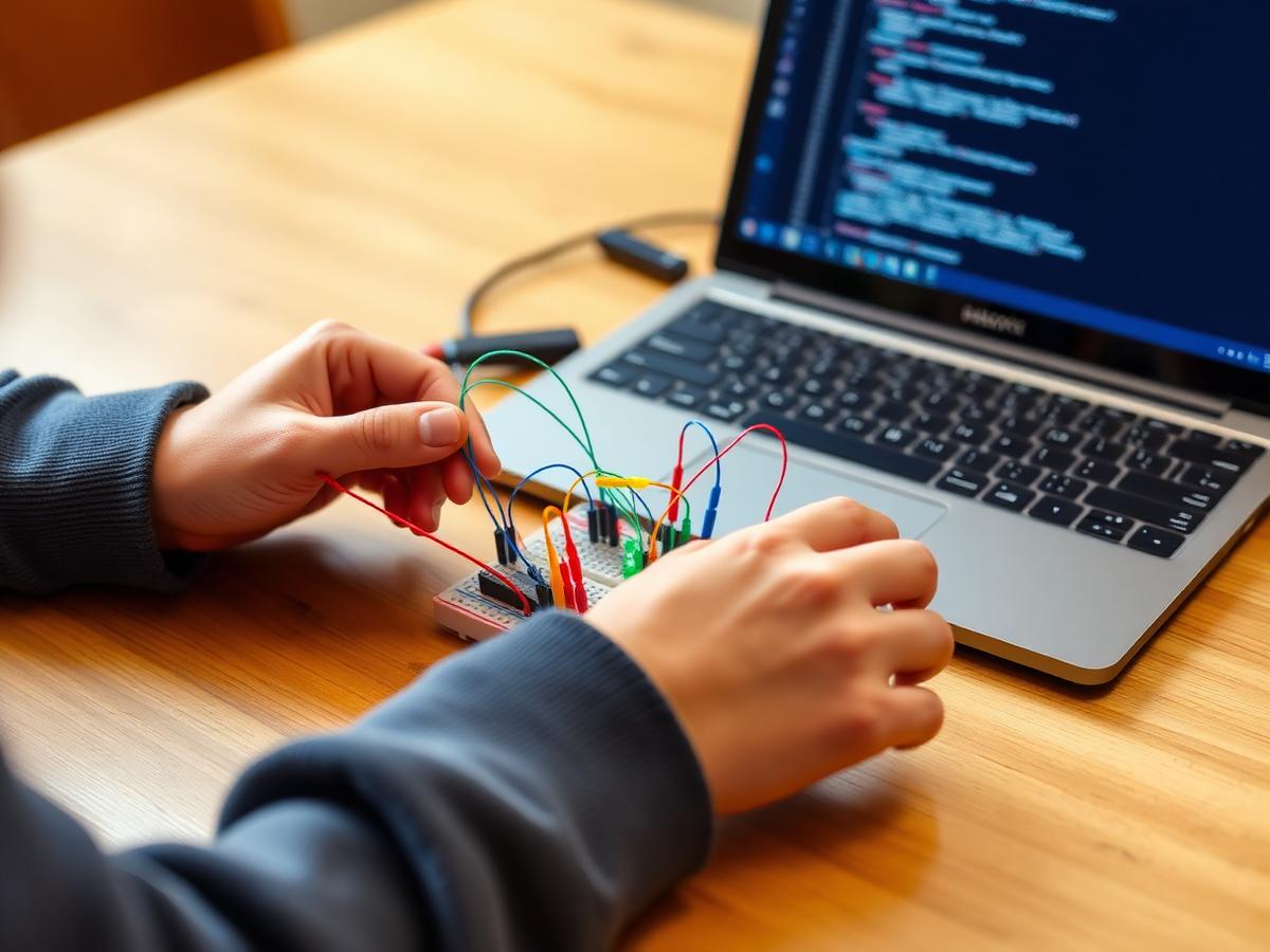 Aluno montando um circuito com Arduino e jumpers ao lado do notebook com o código